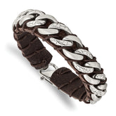 Chisel Stainless Steel Brushed Polished and Textured Curb Chain and Brown Leather 8.5 inch Bracelet